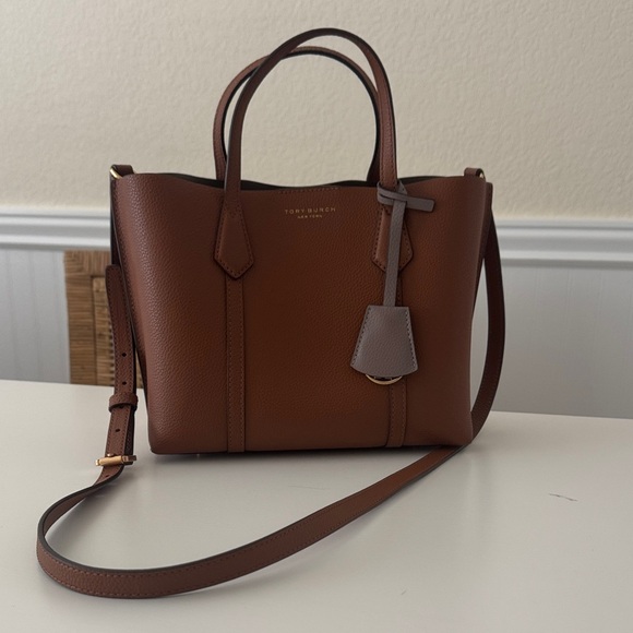 Tory Burch Perry Triple- Compartment Small Tote Crossbody Handbag Light Umber